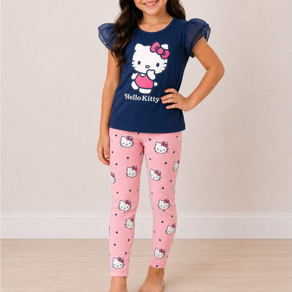 Hello Kitty 2Pc Set Wink Short Sleep Top Puff Sleeves Polk Dot Leggings 5 NWT